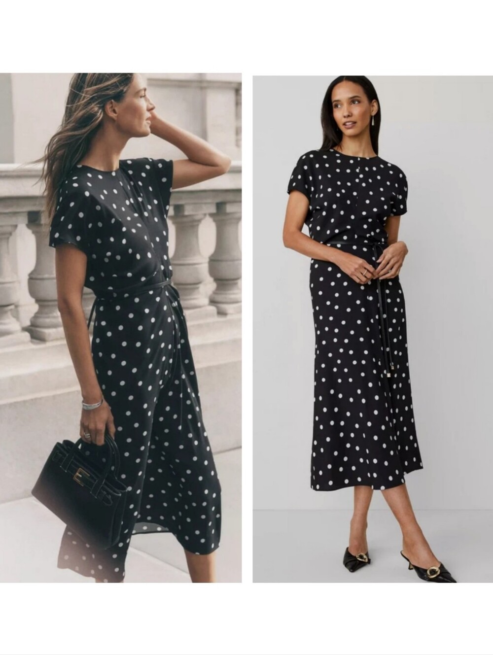 ANN TAYLOR BLACK WHITE DOTTED CREPE COLUMN MIDI DRESS SZ 12